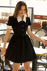 Contrast Color Turndown Collar Button A-Line Mini Dresses-Black